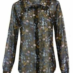 Women's Cabi Black Floral Blouse Ruffle Collar Button Down Top